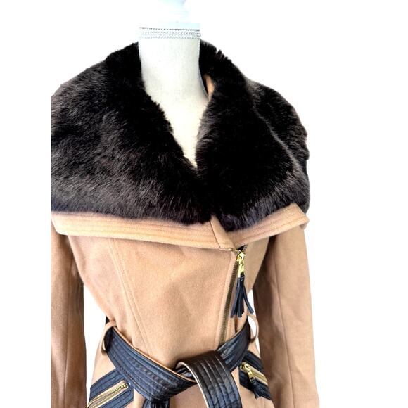 "VIA SPIGA" Stunning Wool Coat, Faux Fur Trim, Asymmetrical Zipper,Belted,8 - Picture 4 of 16